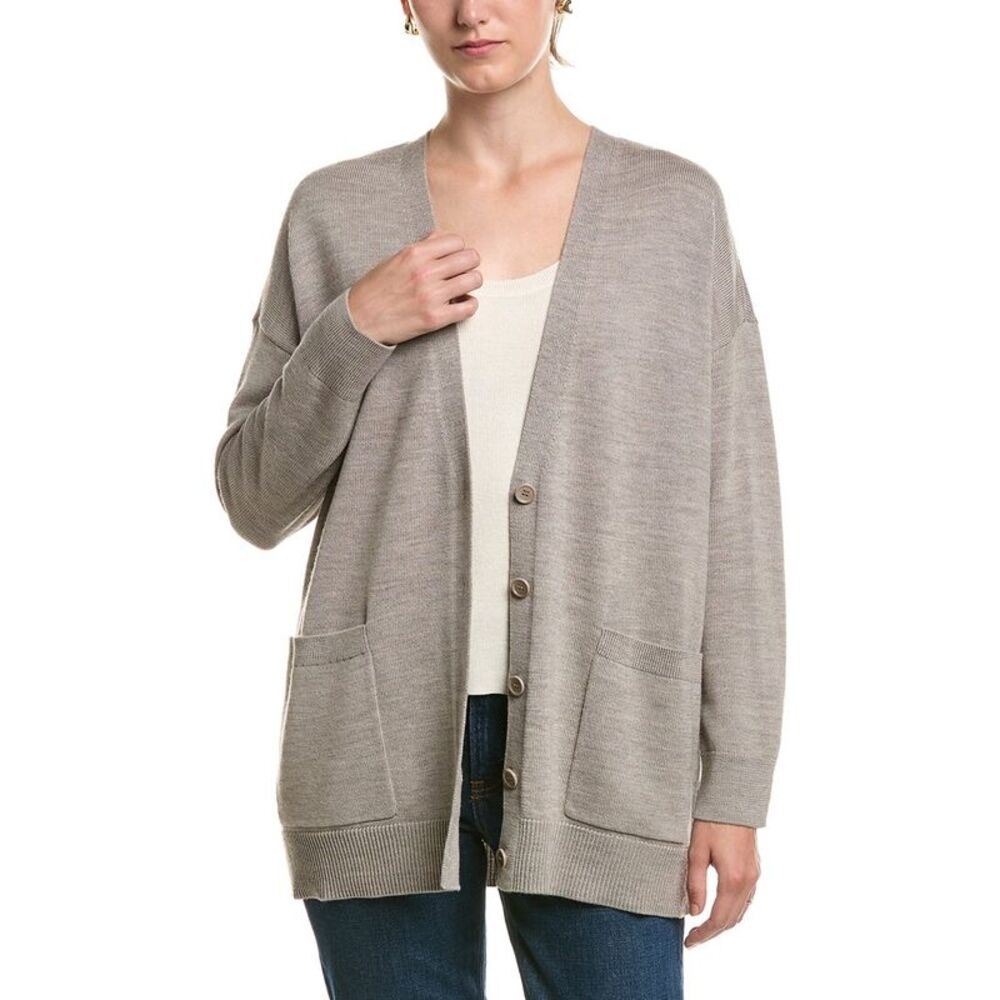 Eileen Fisher Womens V-Neck Wool Cardigan, Gray